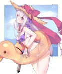  1girl azur_lane bangs bare_shoulders bikini blue_sky blunt_bangs bow bracelet breasts clouds cowboy_shot cygnet_(azur_lane) day eyebrows_visible_through_hair flower_bracelet from_side front-tie_bikini front-tie_top hair_ornament hairclip hat hat_bow innertube jewelry leaning_forward lei long_hair looking_at_viewer looking_to_the_side mimelond outdoors outside_border pink_bow pink_eyes plaid plaid_bikini sideboob sidelocks silver_hair sky solo standing straight_hair straw_hat swimsuit thighs torpedo transparent very_long_hair 