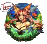  1girl animal_ears aquarium blue_ribbon breasts cleavage detached_sleeves fang fate/grand_order fate_(series) fish fox_ears hair_ribbon highres japanese_clothes large_breasts looking_away pink_hair ribbon solo speech_bubble tamamo_(fate)_(all) tamamo_no_mae_(fate) underwater yellow_eyes 