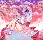  1girl :d artist_name cherry_blossom_cookie cherry_blossoms clouds cookie_run dated highres long_hair open_mouth outdoors panties pantyshot pantyshot_(sitting) parasol pink_footwear pink_hair pink_skirt pink_sky puddle rain ripples sitting skirt smile solo tikeworld umbrella underwear 