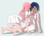  2girls all_fours aqua_eyes arm_support ass bangs bare_arms bare_shoulders barefoot blue_background blue_hair blush breasts closed_mouth collarbone darling_in_the_franxx dress eyeliner feeding food food_in_mouth frilled_dress frills fruit full_body green_eyes hair_ornament hairclip half-closed_eyes hand_up hasisisissy highres horn ichigo_(darling_in_the_franxx) long_hair looking_at_another looking_down makeup mouth_hold multiple_girls parted_bangs pink_hair ribbon shade shadow shiny shiny_hair short_hair short_sleeves simple_background sitting sleeveless sleeveless_dress small_breasts smile straight_hair strawberry wariza white_dress white_ribbon yokozuwari yuri zero_two_(darling_in_the_franxx) 