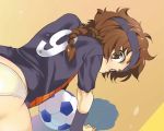  1girl all_fours ball braided_ponytail brown_eyes brown_hair covered_mouth hayami_mahiru headband highres inoue_sora looking_at_viewer looking_back mai_ball! messy_hair no_pants panties short_sleeves soccer_ball soccer_uniform solo sportswear underwear wristband 