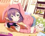  1girl :o :x absurdres animal_hood bangs blue_eyes blue_shorts blush book bunny_hood carpet commentary_request controller curtains door dualshock dutch_angle figure flower_pot foreshortening full_body game_controller gamepad glint handheld_game_console highres holding hood hood_up hoodie idolmaster idolmaster_million_live! indoors long_sleeves mochizuki_anna nintendo_ds on_floor open_mouth pillow pink_legwear plant playing_games playstation_vita polka_dot poster_(object) potted_plant purple_hair shelf shiny shiny_hair shiokazunoko short_hair shorts socks solo sony stuffed_animal stuffed_bunny stuffed_toy 
