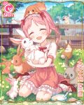  1girl ^_^ akane_mimi apple braid card_(medium) closed_eyes cygames food frilled_skirt frills fruit headdress official_art pink_hair princess_connect! rabbit rima skirt 