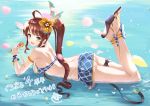  1girl :d ahoge aiu_eo armlet ass bare_shoulders bikini bikini_top blue_skirt blush bracelet breasts brown_eyes brown_hair crossed_ankles diantha_(granblue_fantasy) eyebrows_visible_through_hair flower from_side full_body granblue_fantasy hair_flower hair_ornament hibiscus high_heels highres holding holding_microphone jewelry legs_up long_hair looking_at_viewer looking_to_the_side lying medium_breasts microphone mismatched_bikini on_stomach open_mouth petals plaid plaid_skirt santa_costume shallow_water shiny shiny_hair side_ponytail sideboob sidelocks skirt smile solo swimsuit tareme thigh_strap thong translation_request water white_bikini_bottom wrist_cuffs 