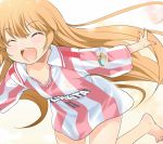 1girl blonde_hair child closed_eyes fangs fingernails happy highres inoue_sora inukai_midori long_hair mai_ball! naked_shirt no_pants open_mouth outstretched_arms oversized_clothes shirt short_sleeves smile soccer_uniform sportswear striped vertical_stripes very_long_hair 