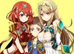  2girls armor bangs bare_shoulders blonde_hair blue_vest blush breasts brown_eyes brown_hair cleavage cleavage_cutout collarbone detached_sleeves dress dual_persona eyebrows_visible_through_hair gem headpiece heart mythra_(xenoblade) pyra_(xenoblade) impossible_clothes impossible_leotard large_breasts leotard long_hair looking_at_viewer medium_breasts midriff multiple_girls open_clothes open_vest parted_lips patterned_clothing red_eyes red_leotard redhead rex_(xenoblade_2) shimaneko_(matarou99) short_hair shoulder_armor shoulder_pads sidelocks simple_background straight_hair sweat swept_bangs tareme translation_request unzipped upper_body v-shaped_eyebrows very_long_hair vest white_dress wide-eyed xenoblade xenoblade_2 yellow_background yellow_eyes 