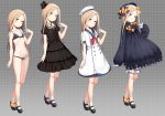  1girl :o abigail_williams_(fate/grand_order) alternate_costume anchor_symbol arm_at_side bangs bare_legs bell_(oppore_coppore) beret black_bow black_bra black_dress black_footwear black_hat black_panties blonde_hair bloomers blue_eyes blush bow bra breasts closed_mouth collarbone criss-cross_halter dress fate/grand_order fate_(series) fedora forehead full_body grey_background hair_bow halterneck hat hat_bow head_tilt high_heels highres light_brown_hair long_hair long_sleeves looking_at_viewer navel neckerchief no_socks open_mouth orange_bow panties parted_bangs polka_dot polka_dot_bow puffy_long_sleeves puffy_short_sleeves puffy_sleeves red_neckwear ribbon-trimmed_bra sailor_dress sailor_hat shoes short_sleeves sleeves_past_fingers sleeves_past_wrists small_breasts smile standing straight_hair top_hat underwear underwear_only very_long_hair white_dress white_hat 