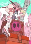  1girl ass belt blue_eyes character_doll character_name crate deadpool from_behind gradient_hair gwen_poole gwenpool heart leotard looking_at_viewer looking_back marvel multicolored_hair open_mouth roller_skates shield shin_guards skates spider-man toriko_(hatoriko) 