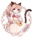  1girl animal_ears arms_up bag cat_ears cat_tail dress elin_(tera) highres long_hair open_mouth pink_dress pink_hair ponytail red_eyes smile solo tail tera_online 