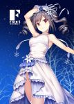  1girl arm_up armpits bare_tree black_hair blush breasts closed_mouth cowboy_shot dress drill_hair eyebrows_visible_through_hair flower frilled_dress frills from_below gloves gradient_sky hair_flower hair_ornament idolmaster idolmaster_cinderella_girls kanzaki_ranko kouda_hayato_(e-gis) looking_at_viewer looking_down medium_breasts night night_sky outdoors red_eyes shiny shiny_hair sky sleeveless sleeveless_dress smile snowflakes solo sparkle standing star_(sky) starry_sky translation_request tree twin_drills twintails white_dress white_flower white_gloves 