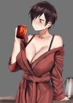 1girl bare_shoulders black_bra bra breasts brown_eyes brown_hair cleavage coffee_mug coffee_pot collarbone commentary dress english_commentary evening_gown eyebrows_visible_through_hair grey_background highres holding_mug large_breasts manchester_united norman_maggot ol-chan_(norman_maggot) original short_hair simple_background sleepy solo standing table underwear 