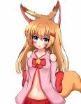  1girl :o animal_ears arms_behind_back bangs bare_shoulders bell blue_eyes blush bow breasts collarbone colored_eyelashes commentary_request detached_sleeves eyebrows_visible_through_hair fox_ears fox_girl fox_tail hair_between_eyes hair_down hair_ornament hairclip highres jingle_bell kemomimi_vr_channel light_brown_hair long_hair long_sleeves looking_at_viewer mikoko_(kemomimi_vr_channel) navel parted_lips peru_(perushee) pleated_skirt red_bow red_skirt simple_background skirt small_breasts solo tail very_long_hair white_background 
