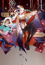  1girl alternate_costume awkoku bell between_legs black_feathers black_legwear closed_mouth comb feathers full_body geta hair_ornament head_wings highres japanese_clothes kimono lipstick long_hair looking_at_viewer makeup onmyoji pantyhose red_lipstick rope sash shimenawa short_eyebrows sitting solo ubume_(onmyoji) very_long_hair white_hair wide_sleeves winged_arms wings 