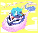  1boy 1girl aqua_eyes aqua_hair blush_stickers brooch clouds commentary_request curly_hair jewelry kuchibashi_(9180) kumoi_ichirin long_hair long_sleeves looking_back no_nose riding sitting smile star touhou translation_request unzan wide_sleeves yellow_sky 
