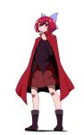  1girl black_footwear black_shirt boots bow cape expressionless eyebrows_visible_through_hair full_body hair_bow highres knee_boots legs_apart long_sleeves looking_at_viewer medium_skirt purple_bow red_cape red_eyes red_skirt redhead sekibanki shiny shiny_hair shiozaki16 shirt short_hair simple_background skirt solo standing touhou white_background 