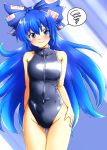  1girl black_swimsuit blue_eyes blue_hair blush bow breasts competition_swimsuit d-m_(dii_emu) front_zipper_swimsuit hair_bow highres long_hair looking_at_viewer meme_attire one-piece_swimsuit small_breasts smile solo swimsuit touhou yorigami_shion 