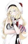  1girl armband bare_shoulders beret blonde_hair blue_eyes dress gloves grey_gloves hat kantai_collection long_hair mole mole_under_eye morinaga_miki pom_pom_(clothes) richelieu_(kantai_collection) simple_background solo strapless strapless_dress white_background white_dress white_hat 