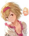  1girl ahoge anniversary blonde_hair blush breasts brown_eyes cleavage closed_mouth collarbone djeeta_(granblue_fantasy) eyebrows_visible_through_hair frills gloves granblue_fantasy grey_gloves hairband hana_mori hand_on_own_arm head_tilt highres looking_at_viewer medium_breasts off_shoulder pink_hairband shiny shiny_hair short_hair simple_background single_bare_shoulder smile solo speech_bubble tareme upper_body white_background 
