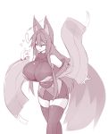  1girl :3 ^_^ animal_ears bare_shoulders breasts closed_eyes commentary detached_sleeves fox_ears fox_shadow_puppet fox_tail greyscale hair_between_eyes hair_ornament hairclip heart highres huge_breasts japanese_clothes kiri_(sub-res) leaning_forward long_hair monochrome original parted_lips sketch smile solo sub-res tail thigh-highs wide_sleeves 