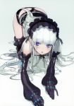  1girl absurdres all_fours black_gloves black_legwear black_panties blue_eyes breasts broken broken_chain chaika_trabant chains cleavage detached_sleeves eyebrows_visible_through_hair full_body garter_straps gloves gradient gradient_background grey_background highres hitsugi_no_chaika long_hair looking_at_viewer namaniku_atk open_mouth panties silver_hair small_breasts solo thigh-highs underwear very_long_hair 