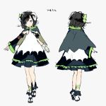  ankle_boots ankle_ribbon black_hair blush boots bow cape detached_sleeves dress fingerless_gloves frilled_dress frills gloves green_bow green_neckwear grey_background horns looking_at_viewer nuudoru original ribbon 