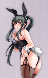  1girl :d alternate_costume animal_ears ass bangs bare_shoulders black_hair black_leotard blush breasts bunny_tail bunnysuit cowboy_shot detached_collar erect_nipples eyebrows_visible_through_hair fake_animal_ears fake_tail fishnet_legwear fishnets garter_straps heart kantai_collection leaning_forward leotard lips long_hair medium_breasts nail_polish open_mouth pink_eyes pink_nails ponytail rabbit_ears sidelocks skindentation smile solo standing strapless strapless_leotard tail thighs tsukineko very_long_hair wrist_cuffs yahagi_(kantai_collection) 