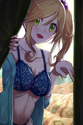  1girl :d bangs bare_shoulders bed_sheet blue_bra blue_panties bra breasts collarbone commentary_request eyebrows_visible_through_hair fang green_eyes highres inuyama_aoi invitation lace lace-trimmed_bra large_breasts lingerie looking_at_viewer navel off_shoulder open_clothes open_mouth panties rerere side_ponytail smile swept_bangs tent thick_eyebrows underwear yurucamp 