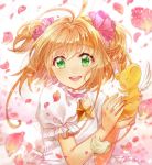  1girl artist_name blurry brown_hair card_captor_sakura choker depth_of_field dress green_eyes kero kinomoto_sakura one_eye_closed open_mouth petals puffy_short_sleeves puffy_sleeves short_sleeves short_twintails smile tamaru twintails 