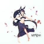  1girl :d absurdres animal_ears arm_strap barefoot black_hair black_skirt blue_background breasts eyebrows_visible_through_hair floating_hair fox_ears fox_tail full_body hair_between_eyes highres hpb8642 long_hair long_skirt mabinogi midriff navel open_mouth orange_eyes outstretched_arms petals see-through simple_background skirt small_breasts smile solo standing stomach tail tied_skirt under_boob very_long_hair 