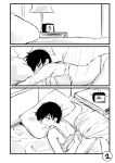  1girl 3koma bare_shoulders bed bra breasts clock comic greyscale hair_over_one_eye highres large_breasts monochrome norman_maggot ol-chan_(norman_maggot) original pillow short_hair sleepy solo underwear underwear_only 