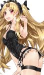  1girl absurdres ass bangs bare_arms bare_shoulders black_bow black_panties black_ribbon blonde_hair blush bow breasts bustier cleavage cowboy_shot earrings ereshkigal_(fate/grand_order) eyebrows_visible_through_hair fate/grand_order fate_(series) garter_straps hair_bow hair_ribbon hand_up highres infinity jewelry kou_mashiro leaning_forward long_hair looking_at_viewer medium_breasts open_mouth panties parted_bangs red_eyes ribbon round_teeth shiny shiny_hair simple_background skindentation solo standing sweat tareme teeth thigh_strap tiara two_side_up underwear underwear_only upper_teeth very_long_hair white_background 