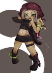  1girl armpits asymmetrical_sleeves boots breasts character_request commentary_request full_body green_eyes hands_up high_heel_boots high_heels highres looking_at_viewer midriff navel octarian open_mouth redhead small_breasts solo splatoon splatoon_2 standing tentacle_hair wristband yeti_(mu_kaiten) 