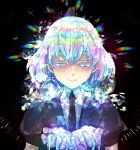  androgynous black_background blue_eyes diamond_(houseki_no_kuni) gem_uniform_(houseki_no_kuni) half-closed_eyes highres houseki_no_kuni looking_down multicolored_hair nana_ph7 necktie puffy_short_sleeves puffy_sleeves shards short_hair short_sleeves smile sparkle 