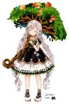  1girl apple braid closed_eyes commentary copyright_request dress food fruit harikamo long_hair pointy_ears puffy_short_sleeves puffy_sleeves short_sleeves simple_background smile solo tree twin_braids very_long_hair white_background white_hair wristband 