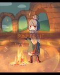  1girl blue_hair bonfire boots coat commentary covered_mouth dark_souls fire hair_bun jitome letterboxed long_sleeves nyoron_(fudegatana) outdoors red_eyes scarf shima_rin solo souls_(from_software) sword violet_eyes weapon yurucamp 