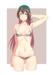  1girl arm_up bikini black_hair breasts brown_background cowboy_shot green_eyes green_hairband hairband highres kantai_collection long_hair lowleg lowleg_bikini ooyodo_(kantai_collection) silver_bikini small_breasts solo standing swimsuit two-tone_background white_background yuuji_(and) 