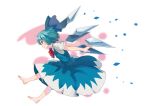  1girl ahoge barefoot blue_bow blue_eyes blue_hair blush bow bowtie cirno detached_wings dress from_side full_body grin hair_bow hashiro ice ice_wings leaning_forward pinafore_dress profile red_bow red_neckwear shiny shiny_hair shirt short_hair short_sleeves smile solo tareme teeth touhou two-tone_background white_shirt wings 