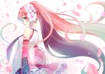 1girl cherry_blossoms detached_sleeves floating_hair flower from_side hair_flower hair_ornament hatsune_miku long_hair looking_at_viewer mamo_(fortune-mm) necktie number_tattoo petals pink_eyes pink_hair sakura_miku solo tattoo twintails very_long_hair vocaloid 