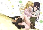 2girls :d absurdres aihara_mei aihara_yuzu black_hair black_legwear black_neckwear blonde_hair blush brown_skirt citrus_(saburouta) clothes_around_waist dress_shirt dutch_angle earrings embarrassed fujisaki_ribbon green_eyes green_jacket highres incest jacket jewelry kneehighs long_hair miniskirt multiple_girls necktie open_mouth pink_shirt pleated_skirt shirt short_sleeves sitting skirt smile sweater_around_waist very_long_hair violet_eyes wet white_background white_shirt yuri