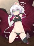  1girl arm_belt arm_up armpits artist_name bandage bandaged_arm bangs bare_shoulders black_bra black_footwear black_panties boots bra breasts cleavage_cutout commentary_request dagger dated facial_scar fate/apocrypha fate/grand_order fate_(series) green_eyes jack_the_ripper_(fate/apocrypha) looking_at_viewer lowleg lowleg_panties lying navel on_back panties parted_lips reidu scar scar_across_eye scar_on_cheek short_hair shoulder_tattoo signature silver_hair skindentation small_breasts solo string_panties tattoo thigh-highs thigh_boots underwear underwear_only weapon 