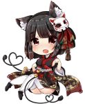  1girl :d animal_ears azur_lane bangs bell black_footwear black_hair black_kimono blush bob_cut breasts cat_ears chibi chiitamu commentary_request eyebrows_visible_through_hair fang fox_mask full_body heart highres japanese_clothes jingle_bell kimono large_breasts long_sleeves looking_at_viewer mask mask_on_head open_mouth panties red_eyes sideboob simple_background sitting smile solo thick_eyebrows thigh-highs underwear white_background white_legwear white_panties wide_sleeves yamashiro_(azur_lane) 