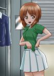  1girl bangs blue_jacket blurry blurry_background brown_eyes brown_hair commentary_request depth_of_field eyebrows_visible_through_hair from_side girls_und_panzer green_shirt indoors jacket jacket_removed locker locker_room long_sleeves looking_to_the_side military military_uniform miniskirt nishizumi_miho ooarai_military_uniform open_clothes open_mouth open_skirt pleated_skirt shirt short_hair short_sleeves skirt smile solo standing t_k undressing uniform white_skirt 