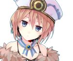  1girl bare_shoulders blanc blue_eyes brown_hair commentary_request fur_trim hat highres looking_at_viewer neptune_(series) short_hair simple_background solo spaghetti_strap tomozero upper_body white_background 