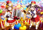  2girls accordion alternate_costume artist_request balloon band_uniform bangs black_hair blue_sky blush boots brown_hair confetti day elbow_gloves epaulettes fingerless_gloves gloves hat heart heart_balloon instrument koizumi_hanayo long_sleeves looking_at_viewer love_live! love_live!_school_idol_festival love_live!_school_idol_project marching_band multiple_girls music official_art open_mouth outdoors playing_instrument pleated_skirt plume red_eyes shako_cap short_hair short_sleeves skirt sky smile standing thigh-highs trumpet twintails uniform violet_eyes white_gloves white_legwear yazawa_nico zettai_ryouiki 
