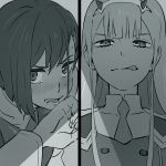  2girls :q after_kiss blush darling_in_the_franxx greyscale hairband horns ichigo_(darling_in_the_franxx) long_hair military military_uniform monochrome multiple_girls short_hair straight_hair sweat tongue tongue_out ukiashi uniform yuri zero_two_(darling_in_the_franxx) 