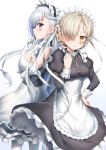  2girls apron azur_lane belfast_(azur_lane) blonde_hair blue_eyes blush braid breast_hold breasts chains collar elbow_gloves eyebrows_visible_through_hair gloves hair_over_one_eye hand_on_hip highres long_hair looking_at_viewer maid maid_apron maid_headdress multiple_girls nedia_(nedia_region) open_mouth revision ribbon sheffield_(azur_lane) silver_hair white_gloves white_legwear yellow_eyes 