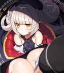  2girls azur_lane bangs bare_shoulders blunt_bangs blush breasts cleavage commentary_request flat_chest from_above graf_zeppelin_(azur_lane) hat highres kinsenka_momi large_breasts long_hair mole mole_under_eye multiple_girls silver_hair solo_focus yellow_eyes z46_(azur_lane) 