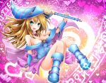  1girl bare_shoulders blonde_hair blue_footwear blush_stickers boots breasts choker cleavage dark_magician_girl duel_monster green_eyes hat hexagram highres kitora_(kisekinonameko) large_breasts no_panties pentacle pentagram solo staff thighs wand wizard_hat yu-gi-oh! yuu-gi-ou_duel_monsters 