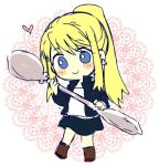  1girl blonde_hair blue_eyes blush blush_stickers boots chibi earrings eyebrows_visible_through_hair fullmetal_alchemist happy heart holding jacket jewelry long_hair lowres pink_background ponytail shirt simple_background skirt smile solo_focus spoon tsukuda0310 white_background white_shirt winry_rockbell 
