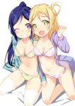  2girls :d ;d aqua_shirt bare_legs blonde_hair blush bra breasts cleavage collarbone eyebrows_visible_through_hair feet_out_of_frame green_bra green_eyes green_panties grin hair_rings hand_on_another&#039;s_thigh high_ponytail kneeling kurozu long_hair long_sleeves looking_at_viewer love_live! love_live!_sunshine!! lowres matsuura_kanan medium_breasts multiple_girls navel ohara_mari one_eye_closed open_clothes open_mouth open_shirt panties pink_bra pink_panties purple_hair purple_shirt shirt simple_background sitting smile stomach tareme teeth thigh-highs underwear white_background white_legwear 